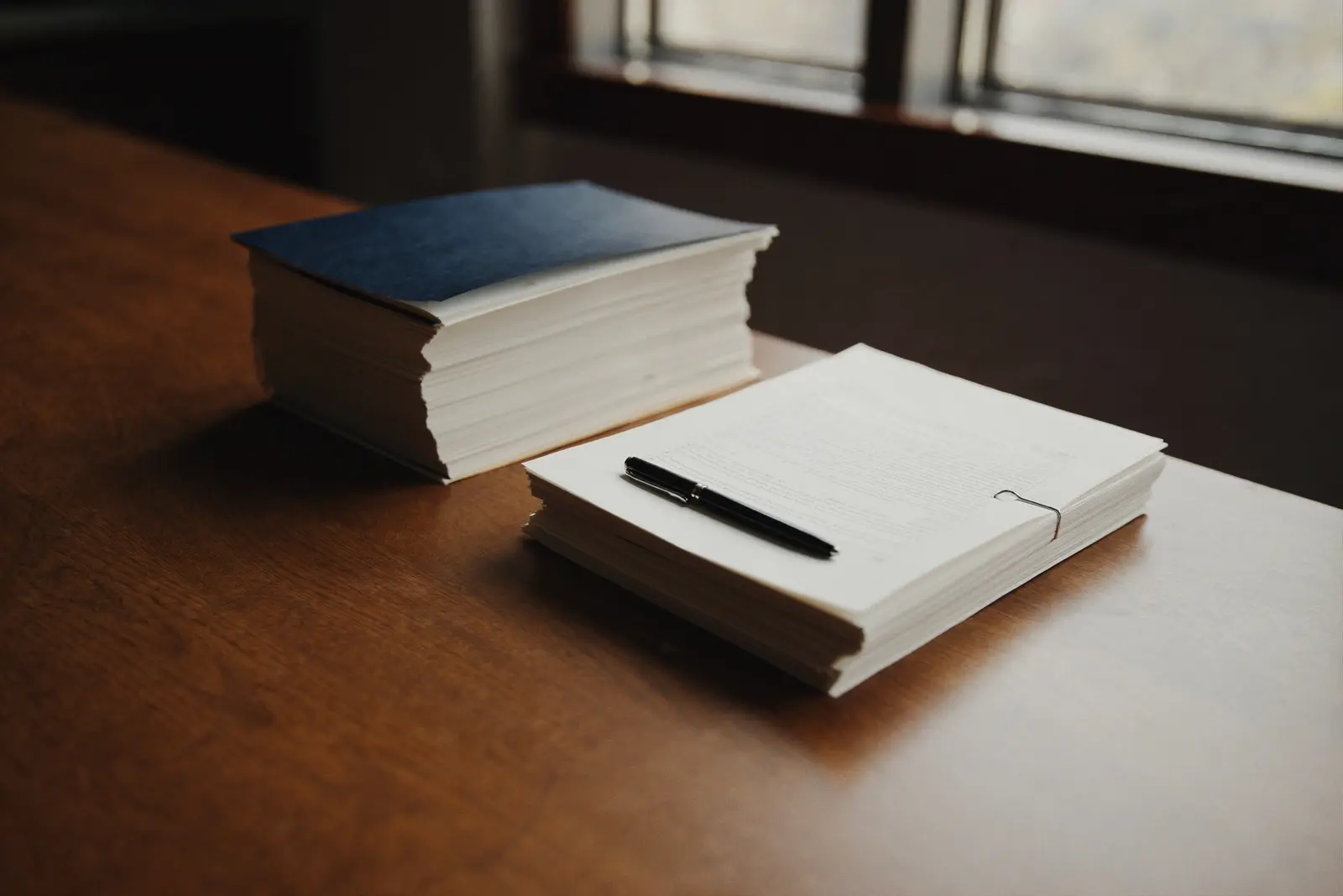 Two stacks of documents side by side on a wooden desk by a window, one bound in a navy cover and one held by a clip with a pen resting on top
