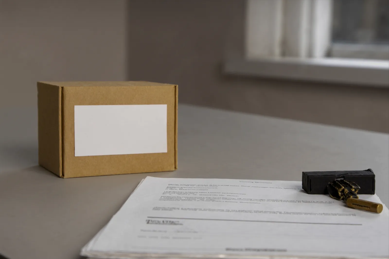 A plain cardboard box with a blank label on a desk beside an agreement open to its signature page, a brass seal resting on the pages, daylight from a window behind
