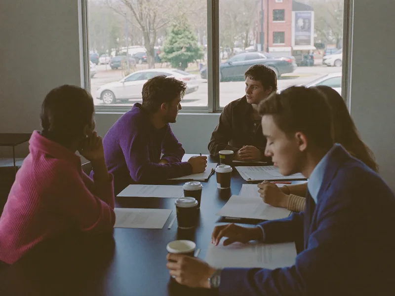 A small team working through documents together around a conference table
