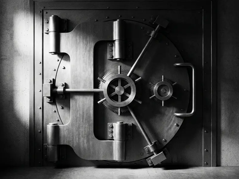 Steel bank vault door in dramatic light