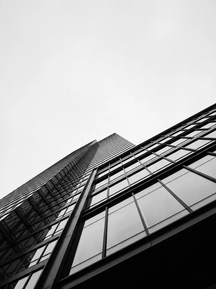 Upward view of a modern Chicago high rise facade