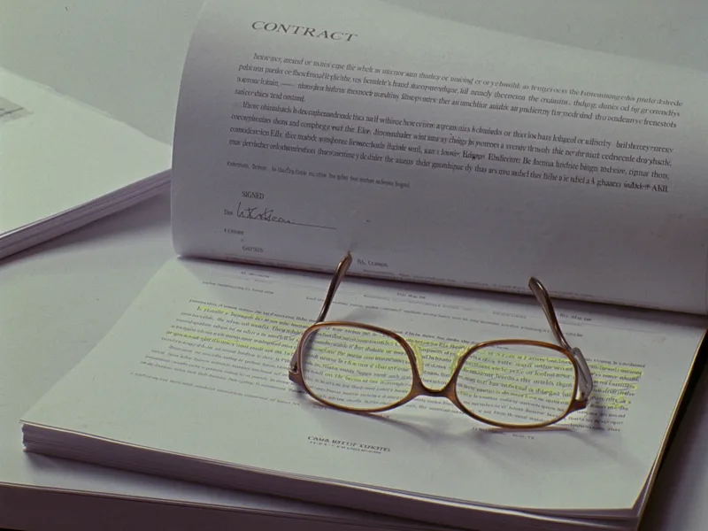 A stack of signed agreements with reading glasses resting on top