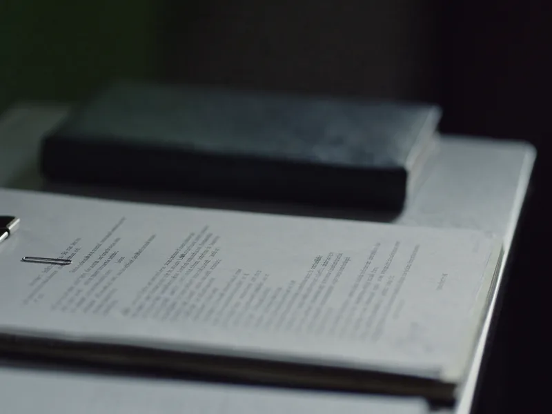 A clipboard holding a document beside a closed notebook