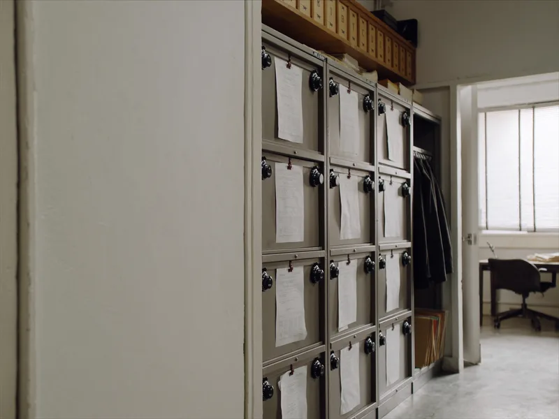 A wall of records cabinets secured with combination dial locks
